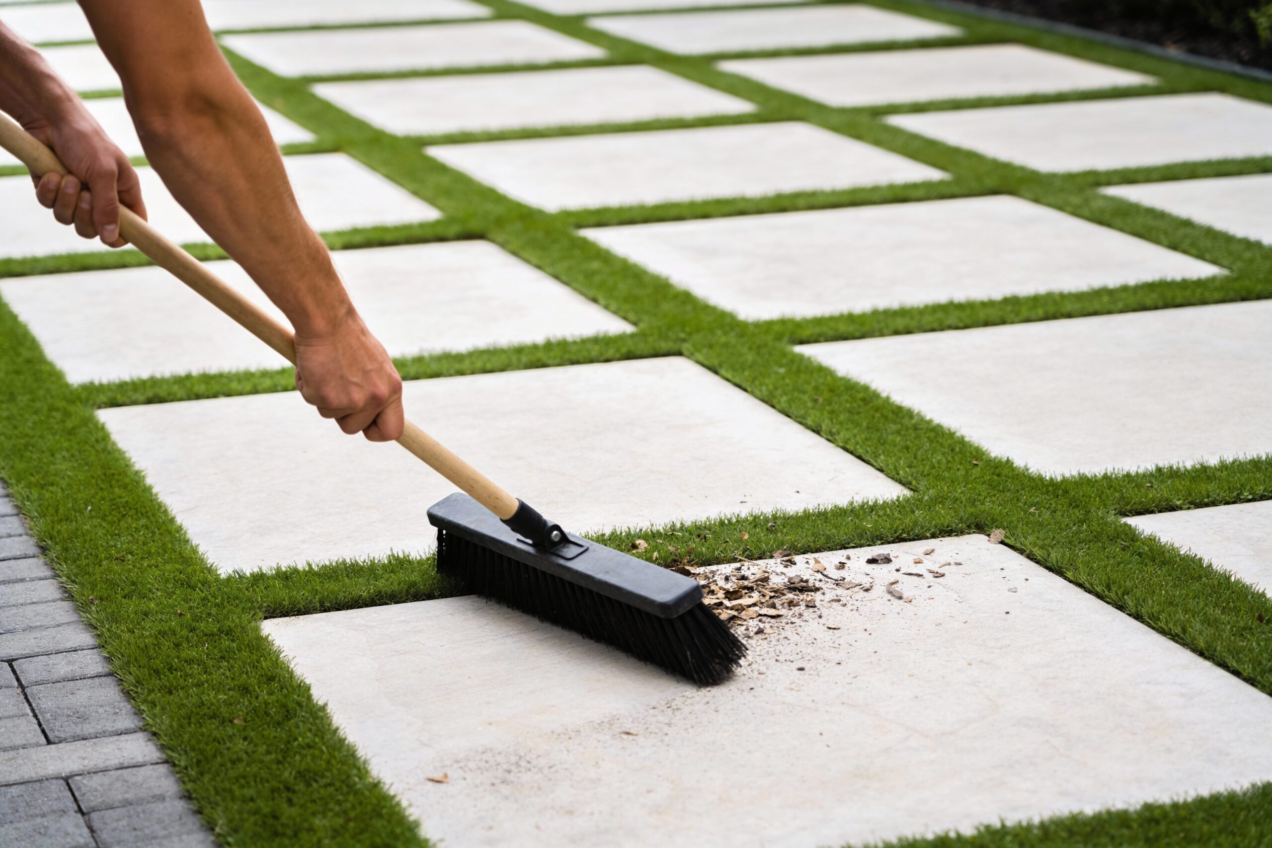 A person sweeps dirt and debris off large square concrete pavers set in a grid pattern with grass growing between them.