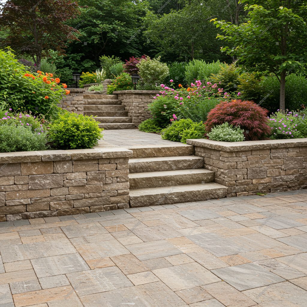 Stone steps lead up from a paved patio to a landscaped garden with green shrubs, colorful flowers, and trees in the background.